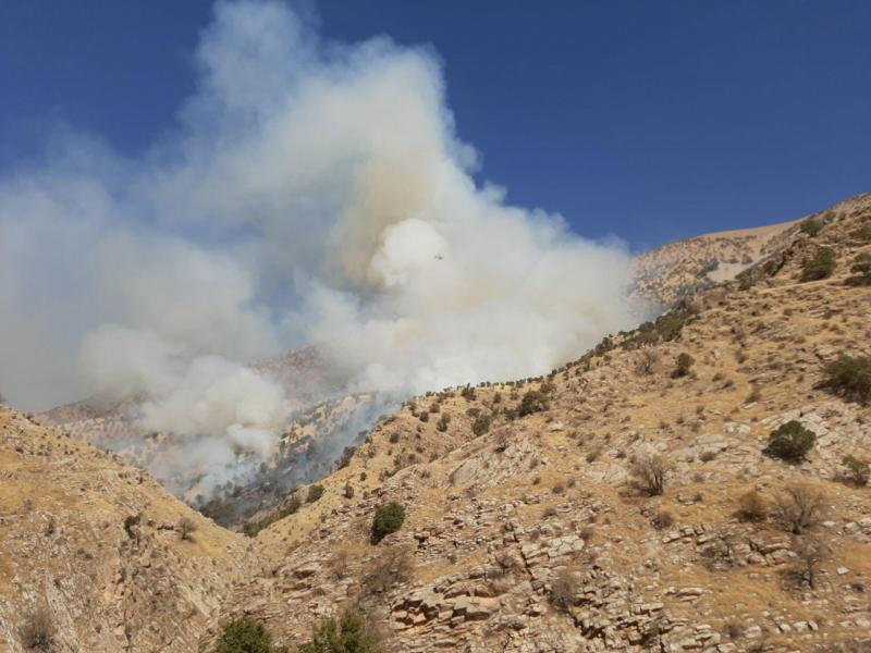  آتش سوزی در ارتفاعات درنه شهرستان ثلاث باباجانی ادامه دارد